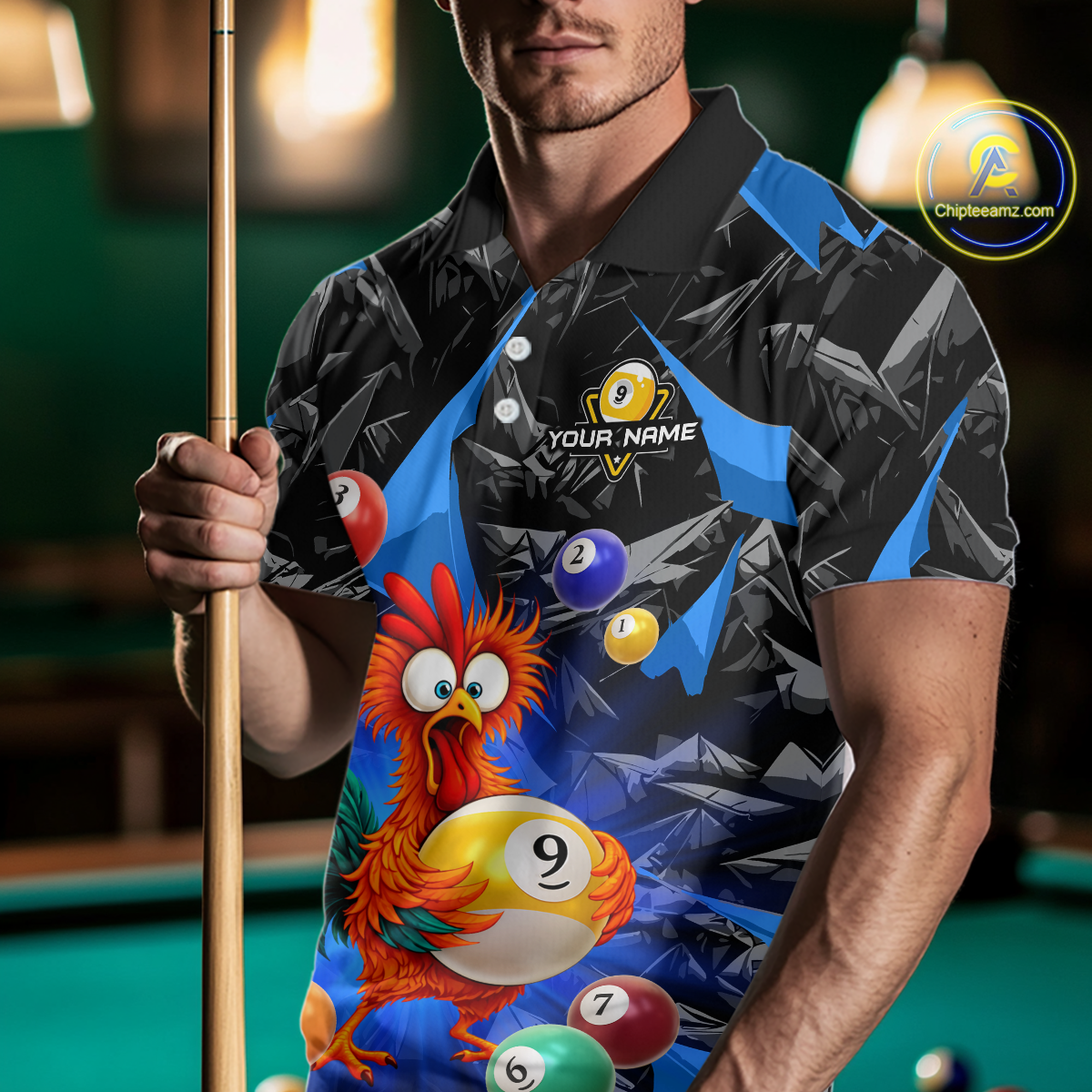 Custom Funny Blue Chicken 9 Ball Pool Billiard Shirt for Men Polo & 1/4 Zip, Billiard Team Jerseys NNT157