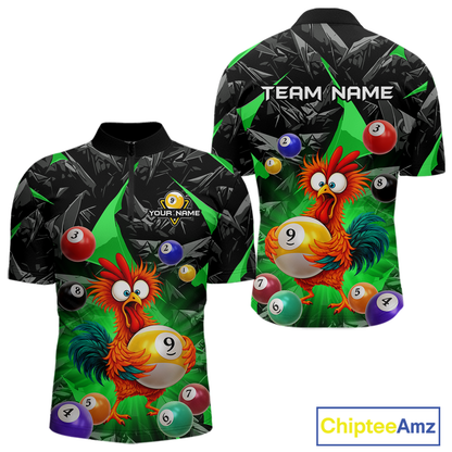 Custom Funny Green Chicken 9 Ball Pool Billiard Shirt for Men Polo & 1/4 Zip, Billiard Team Jerseys NNT157