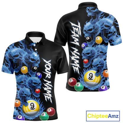 Custom Blue Flame Skull 9 Ball Pool Billiard Shirt for Men Polo & 1/4 Zip, Billiard Team Jerseys NNT159