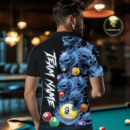 Custom Blue Flame Skull 9 Ball Pool Billiard Shirt for Men Polo & 1/4 Zip, Billiard Team Jerseys NNT159