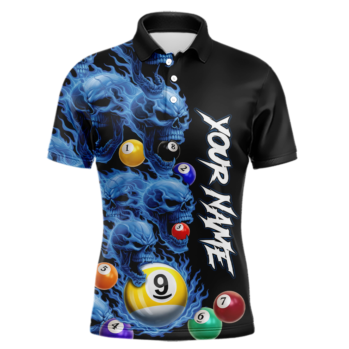 Custom Blue Flame Skull 9 Ball Pool Billiard Shirt for Men Polo & 1/4 Zip, Billiard Team Jerseys NNT159