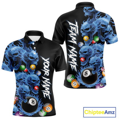 Custom Blue Flame Skull 8 Ball Pool Billiard Shirt for Men Polo & 1/4 Zip, Billiard Team Jerseys NNT160