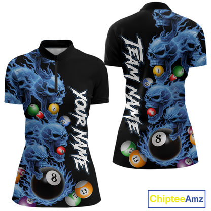 Custom Blue Flame Skull 8 Ball Pool Billiard Shirt for Women Polo & 1/4 Zip, Billiard Team Jerseys NNT160