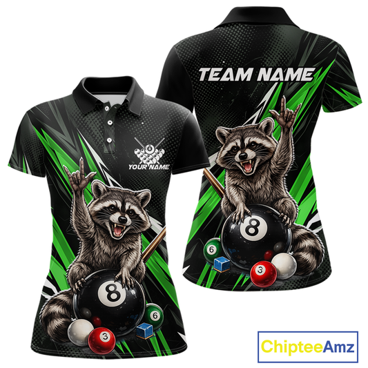Custom Green Funny Raccoon 8 Ball Billiard Shirt for Women Billiard Team Jersey Billiard League NNT191