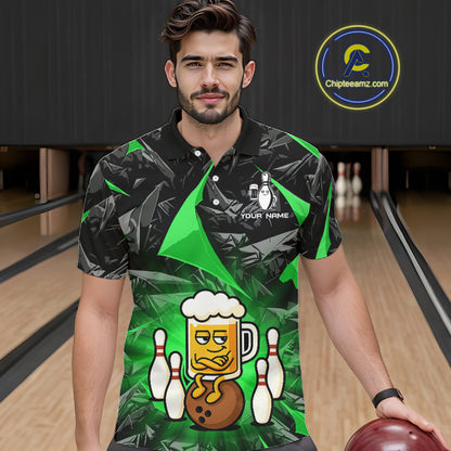 Custom Green Funny Beer Bowling Jersey for Men Bowling Team Shirts Polo & 1/4 Zip HNT503