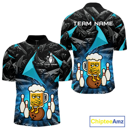 Custom Turquoise Funny Beer Bowling Jersey for Men Bowling Team Shirts Polo & 1/4 Zip HNT503