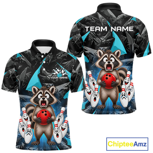 Custom Turquoise Funny Raccoon Bowling Team Shirts Bowling Jersey for Men Polo & 1/4 Zip HNT138