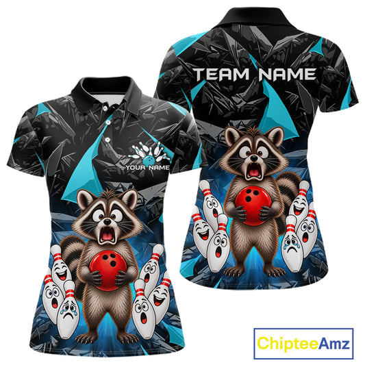 Custom Turquoise Funny Raccoon Bowling Team Shirts Bowling Jersey for Women Polo & 1/4 Zip HNT138