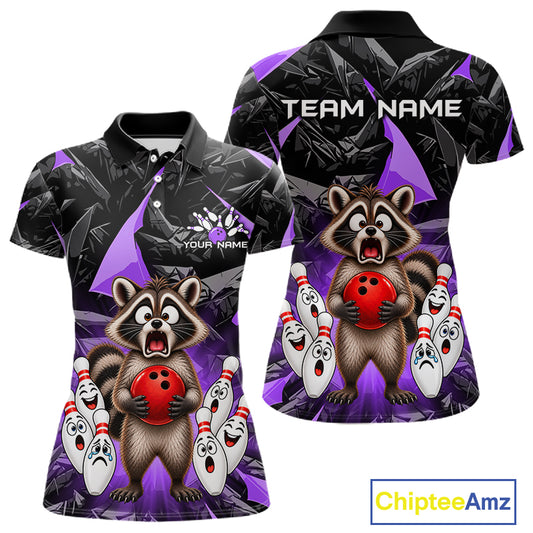 Custom Purple Funny Raccoon Bowling Team Shirts Bowling Jersey for Women Polo & 1/4 Zip HNT138
