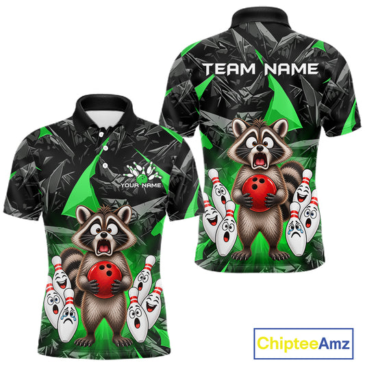 Custom Green Funny Raccoon Bowling Team Shirts Bowling Jersey for Men Polo & 1/4 Zip HNT138