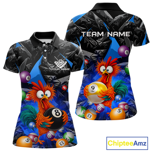 Custom Blue Funny Chicken 8 Ball & 9 Ball Billiard Shirt for Women Billiard Team Jerseys NNT190
