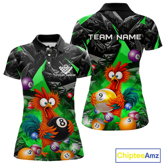 Custom Green Funny Chicken 8 Ball & 9 Ball Billiard Shirt for Women Billiard Team Jerseys NNT190