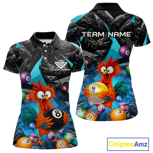Custom Turquoise Funny Chicken 8 Ball & 9 Ball Billiard Shirt for Women Billiard Team Jerseys NNT190