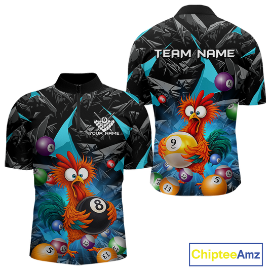 Custom Turquoise Funny Chicken 8 Ball & 9 Ball Billiard Shirt for Men Billiard Team Jerseys NNT190
