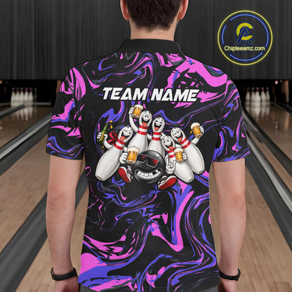 Custom Purple And Pink Drunk Bowling Balls And Pins Funny Beer Bowling Team Shirts For Men HNT656