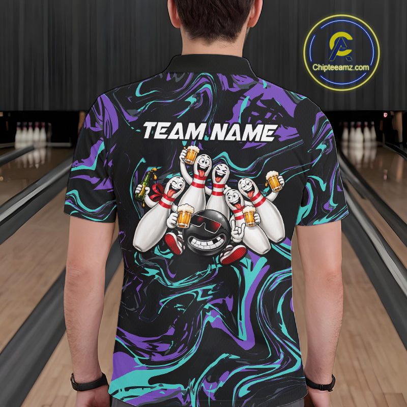 Custom Purple And Teal Drunk Bowling Balls And Pins Funny Beer Bowling Team Shirts For Men HNT656
