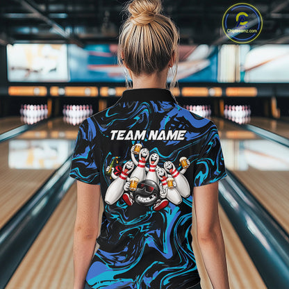 Custom Teal And Blue Funny Drunk Beer Bowling Balls And Pins Bowling Team Shirts For Women HNT660