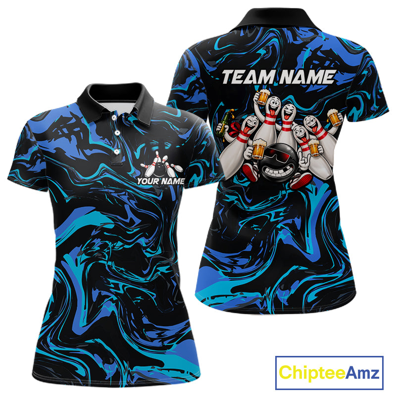 Custom Teal And Blue Funny Drunk Beer Bowling Balls And Pins Bowling Team Shirts For Women HNT660