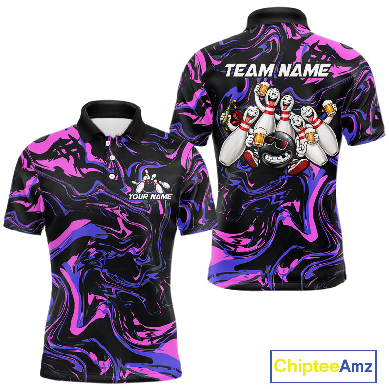 Custom Purple And Pink Drunk Bowling Balls And Pins Funny Beer Bowling Team Shirts For Men HNT656