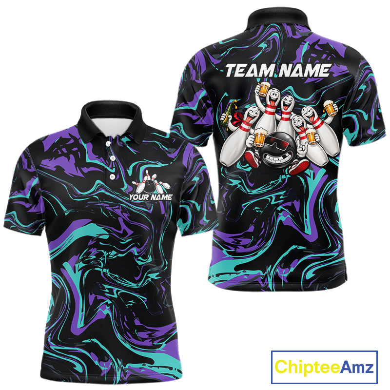 Custom Purple And Teal Drunk Bowling Balls And Pins Funny Beer Bowling Team Shirts For Men HNT656
