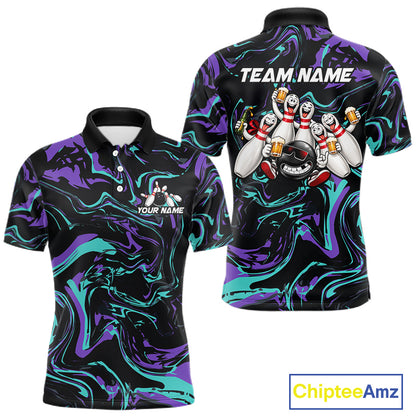 Custom Purple And Teal Drunk Bowling Balls And Pins Funny Beer Bowling Team Shirts For Men HNT656