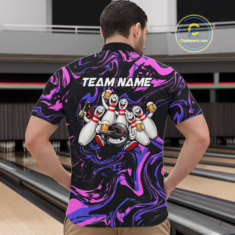 Custom Purple And Pink Drunk Bowling Balls And Pins Funny Beer Bowling Team Shirts For Men HNT656