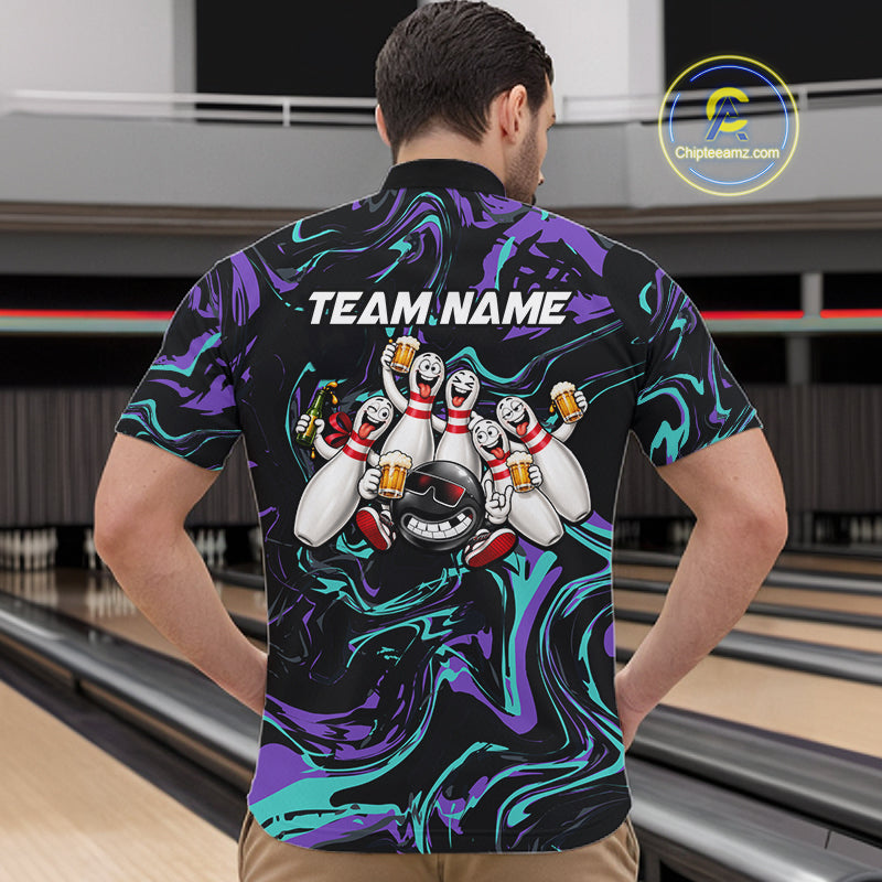 Custom Purple And Teal Drunk Bowling Balls And Pins Funny Beer Bowling Team Shirts For Men HNT656