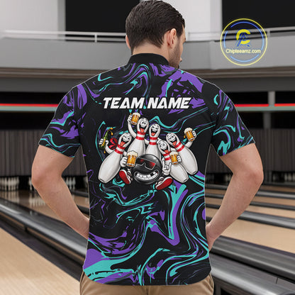 Custom Purple And Teal Drunk Bowling Balls And Pins Funny Beer Bowling Team Shirts For Men HNT656
