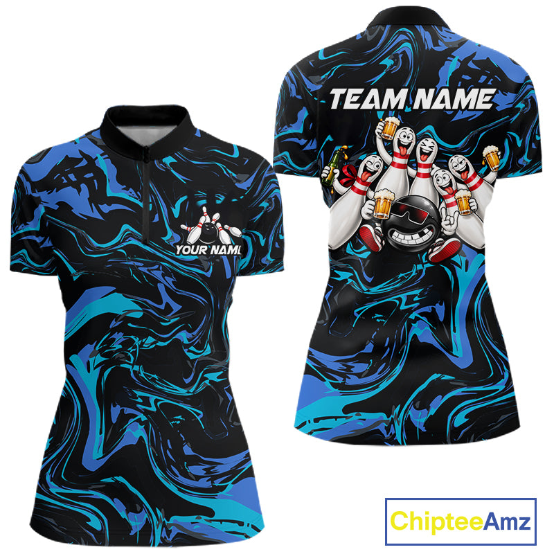 Custom Teal And Blue Funny Drunk Beer Bowling Balls And Pins Bowling Team Shirts For Women HNT660