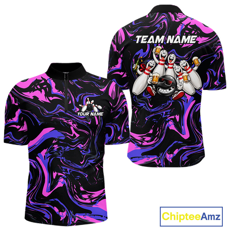 Custom Purple And Pink Drunk Bowling Balls And Pins Funny Beer Bowling Team Shirts For Men HNT656