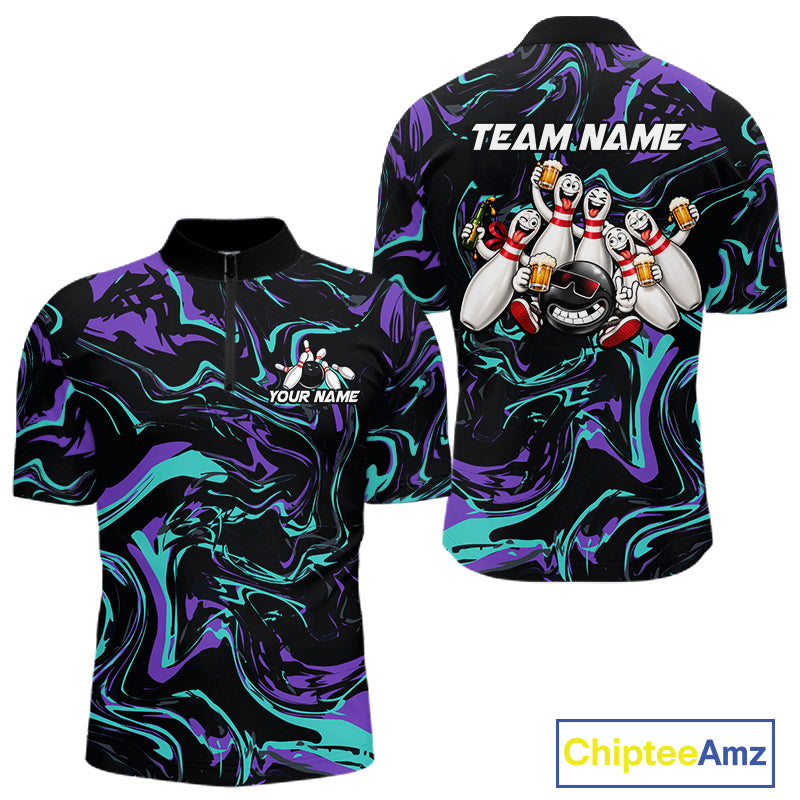 Custom Purple And Teal Drunk Bowling Balls And Pins Funny Beer Bowling Team Shirts For Men HNT656