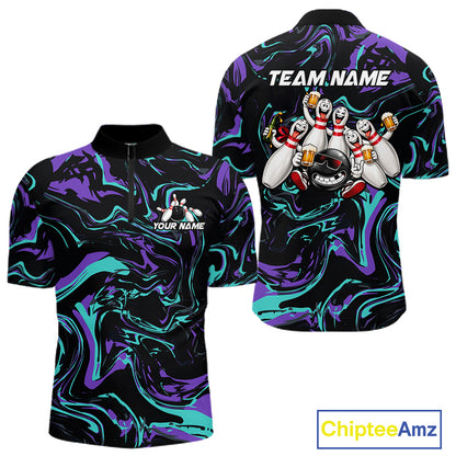 Custom Purple And Teal Drunk Bowling Balls And Pins Funny Beer Bowling Team Shirts For Men HNT656
