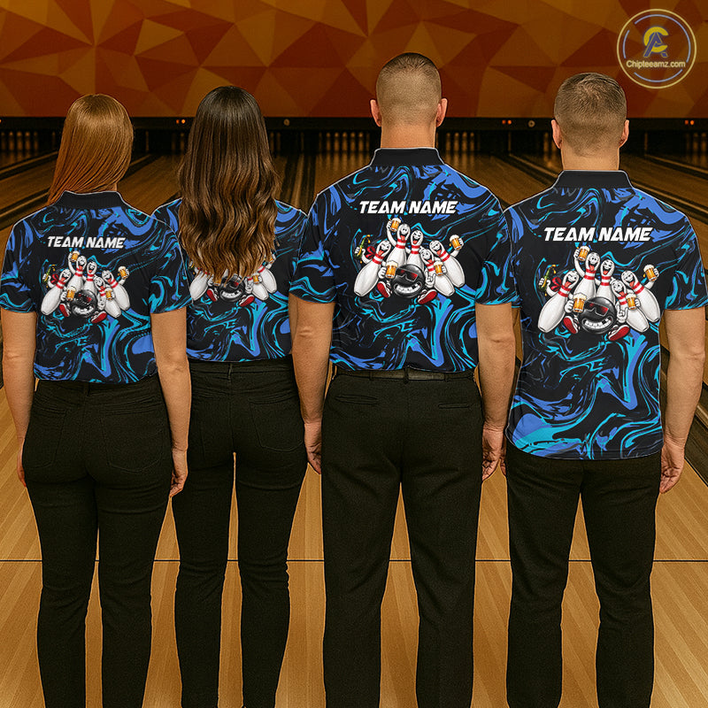 Custom Teal And Blue Funny Drunk Beer Bowling Balls And Pins Bowling Team Shirts For Women HNT660