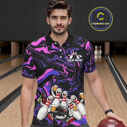 Custom Purple And Pink Funny Drunk Beer Bowling Balls And Pins Bowling Team Shirts For Men HNT660