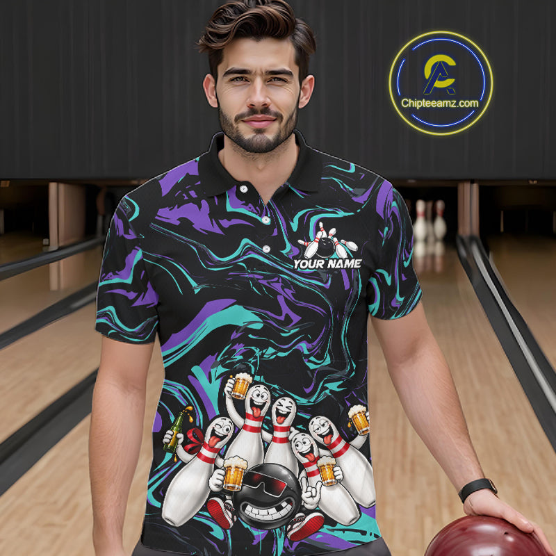 Custom Teal And Purple Funny Drunk Beer Bowling Balls And Pins Bowling Team Shirts For Men HNT660