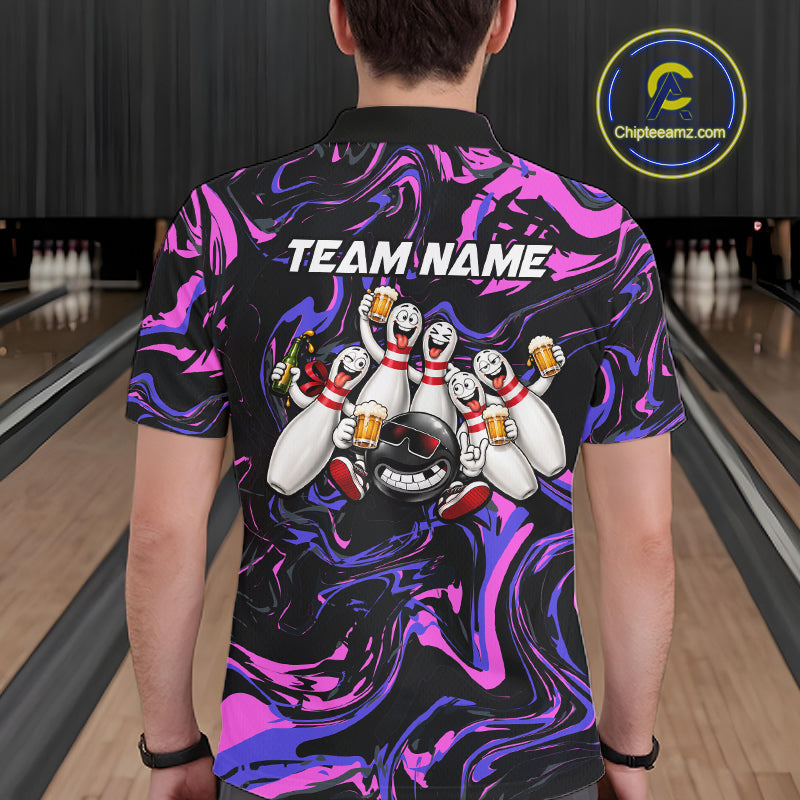 Custom Purple And Pink Funny Drunk Beer Bowling Balls And Pins Bowling Team Shirts For Men HNT660