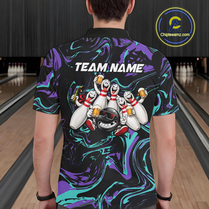 Custom Teal And Purple Funny Drunk Beer Bowling Balls And Pins Bowling Team Shirts For Men HNT660