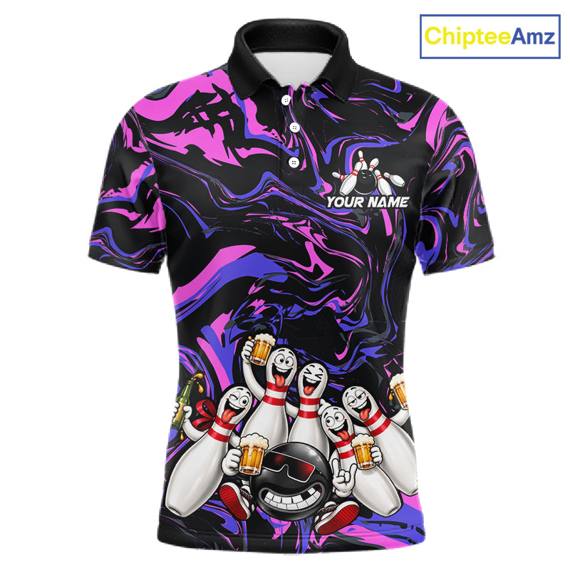 Custom Purple And Pink Funny Drunk Beer Bowling Balls And Pins Bowling Team Shirts For Men HNT660