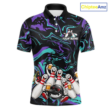 Custom Teal And Purple Funny Drunk Beer Bowling Balls And Pins Bowling Team Shirts For Men HNT660