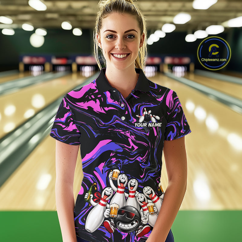 Custom Purple And Pink Funny Drunk Beer Bowling Balls And Pins Bowling Team Shirts For Women HNT660