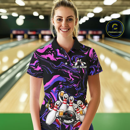 Custom Purple And Pink Funny Drunk Beer Bowling Balls And Pins Bowling Team Shirts For Women HNT660