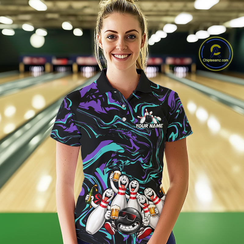 Custom Teal And Purple Funny Drunk Beer Bowling Balls And Pins Bowling Team Shirts For Women HNT660