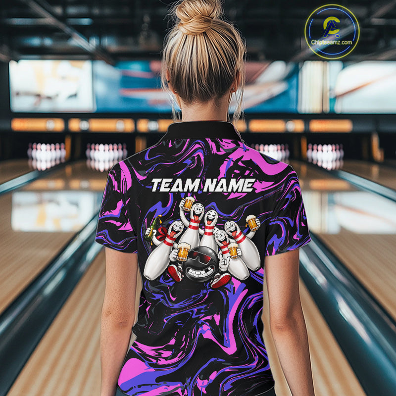 Custom Purple And Pink Funny Drunk Beer Bowling Balls And Pins Bowling Team Shirts For Women HNT660