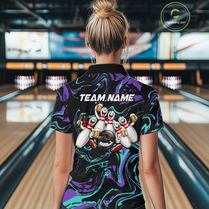 Custom Teal And Purple Funny Drunk Beer Bowling Balls And Pins Bowling Team Shirts For Women HNT660