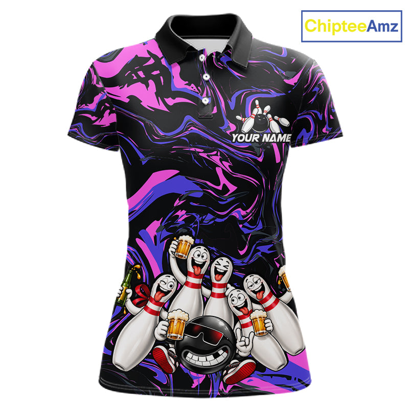 Custom Purple And Pink Funny Drunk Beer Bowling Balls And Pins Bowling Team Shirts For Women HNT660