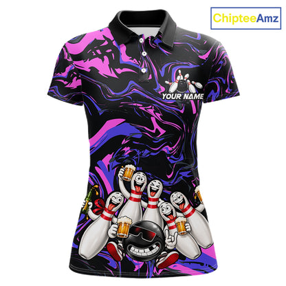 Custom Purple And Pink Funny Drunk Beer Bowling Balls And Pins Bowling Team Shirts For Women HNT660