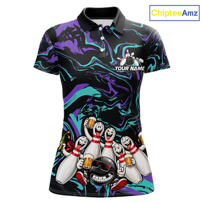 Custom Teal And Purple Funny Drunk Beer Bowling Balls And Pins Bowling Team Shirts For Women HNT660