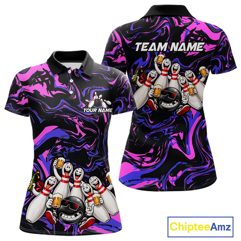 Custom Purple And Pink Funny Drunk Beer Bowling Balls And Pins Bowling Team Shirts For Women HNT660