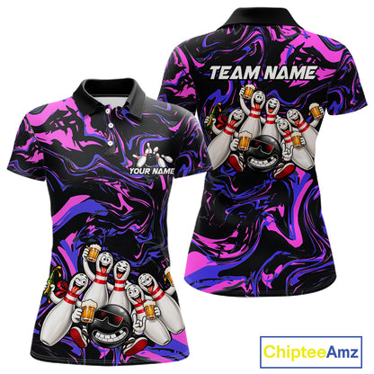 Custom Purple And Pink Funny Drunk Beer Bowling Balls And Pins Bowling Team Shirts For Women HNT660