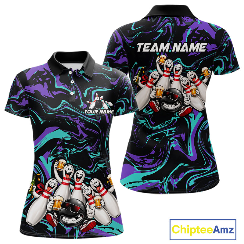 Custom Teal And Purple Funny Drunk Beer Bowling Balls And Pins Bowling Team Shirts For Women HNT660